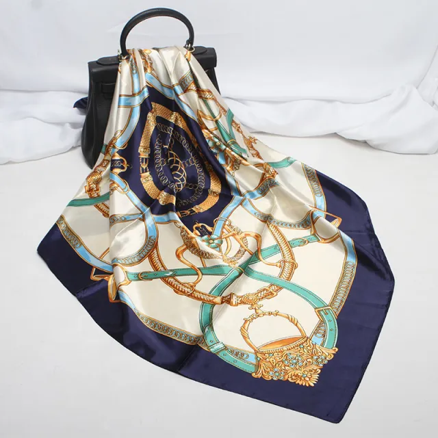 Emulation Silk Scarf Women's Classic Belt Printed Square Scarf F90Sd22080191 2 Navy Blue - Shop at LoveMi