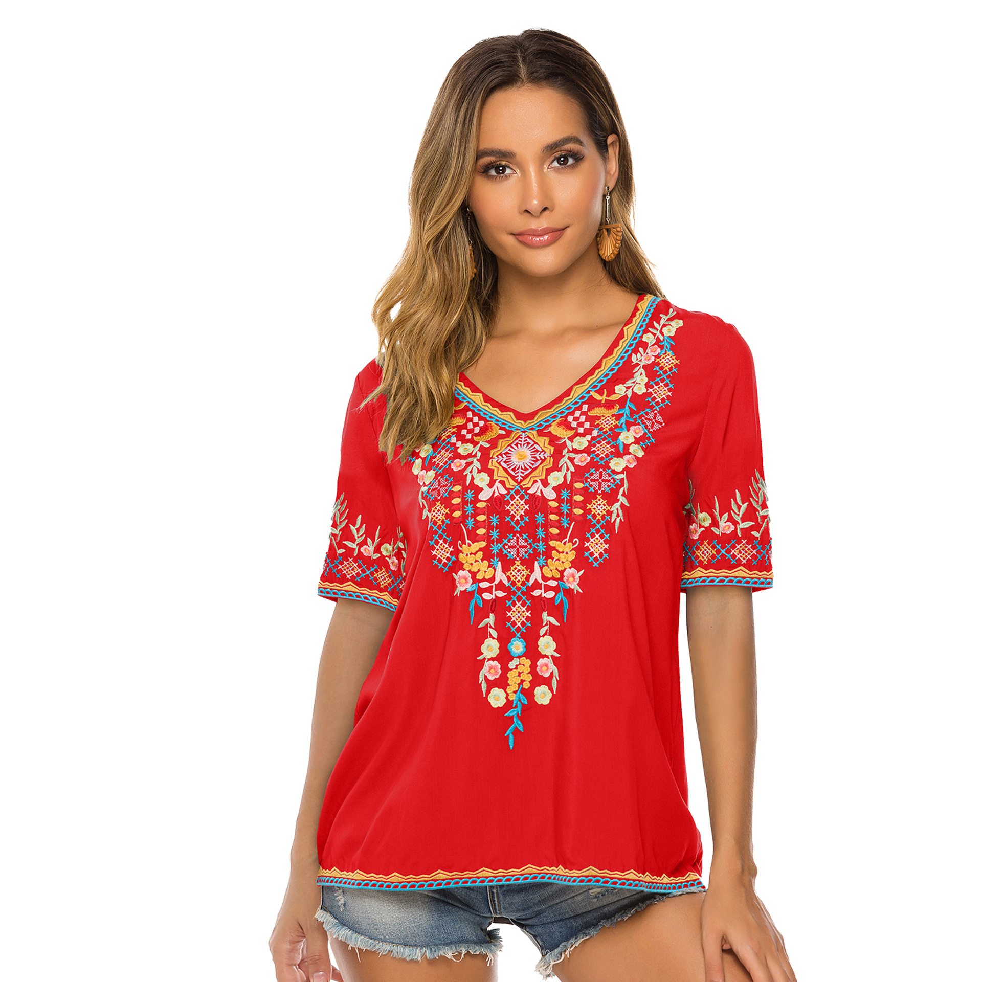 European And American Embroidered V-neck Top