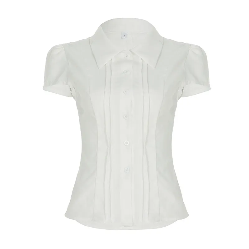 Korean College Style Basic Style Shoulder Waist Trimming Shirt - White