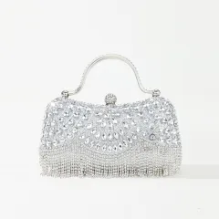 Rhinestone Tassel Portable Chain Box Dinner Bag Women - Silver - View 1