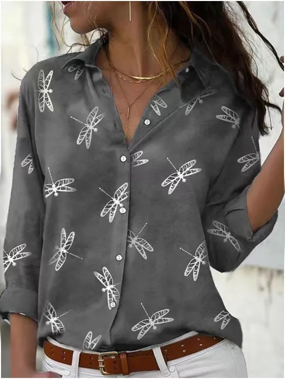 Dragonfly Printed Long Sleeve Lapel Slim Fit Gray - Shop at LoveMi