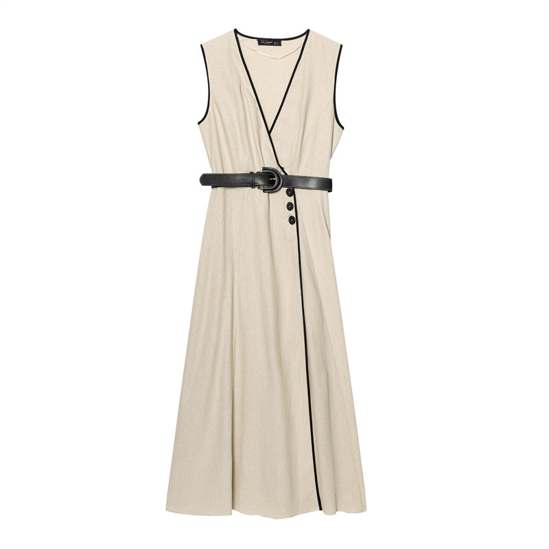 With Belt Linen Blend Midi Skirt V-neck Sleeveless Dress