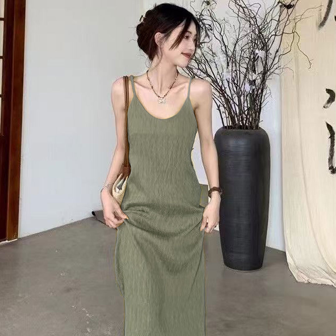 Summer Loose Temperament New Skirt Long Slimming French Style Sexy Suspenders Dress Green Skirt Edging - Shop at LoveMi