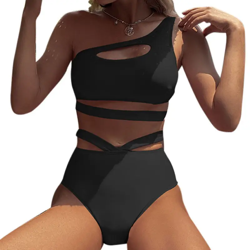 Solid Color One-shoulder Hollow Split High Waist T-back Swimsuit For Women