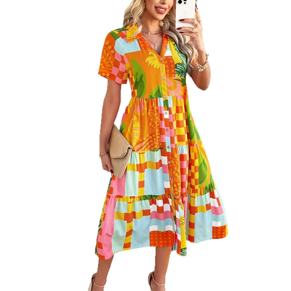 Holiday High Waist Geometric Contrast Color Dress Women's Clothing