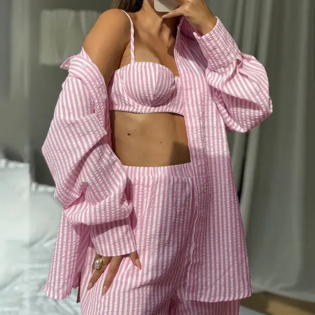 Soft Skin friendly Womens New Striped Three piece Set Pink - Shop at LoveMi