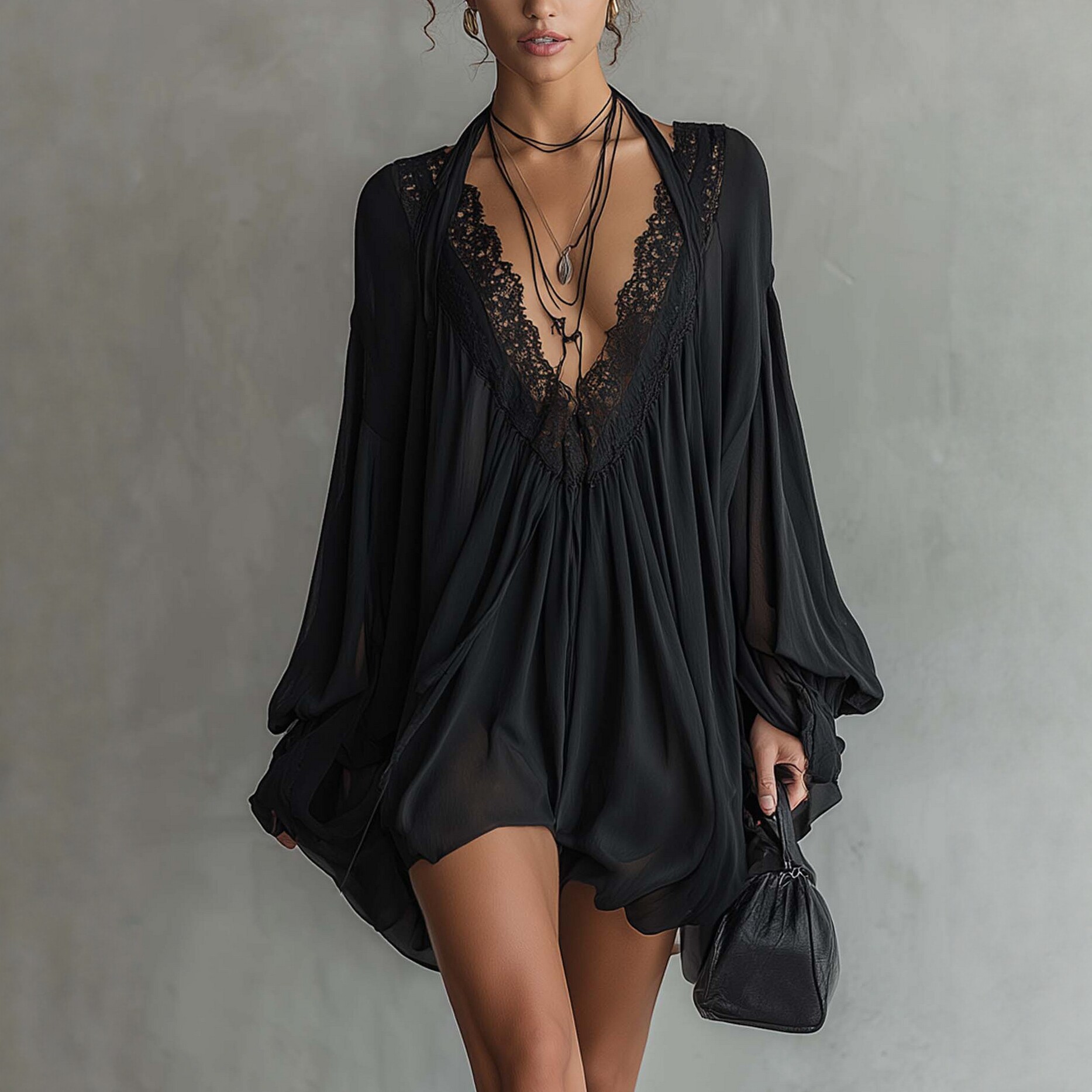 Black Sexy Lace-Panel V-Neck Halterneck Dress