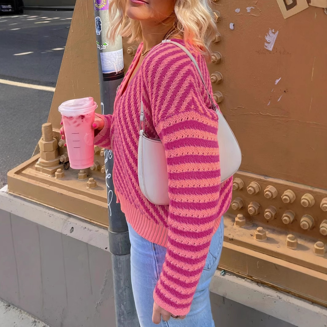 Patchwork Stripes V-neck Loose All-match Women's Cardigan Sweater - Image 2