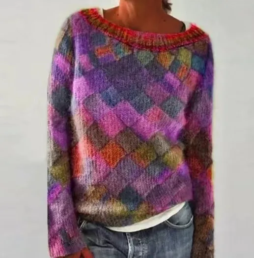 Women's Round Neck Multicolor Loose Fashion Pullover Sweater Square - Shop at LoveMi