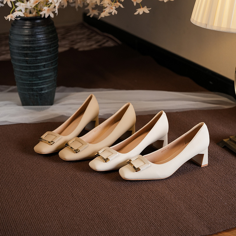 Womens Square-toe Chunky-heeled Pumps