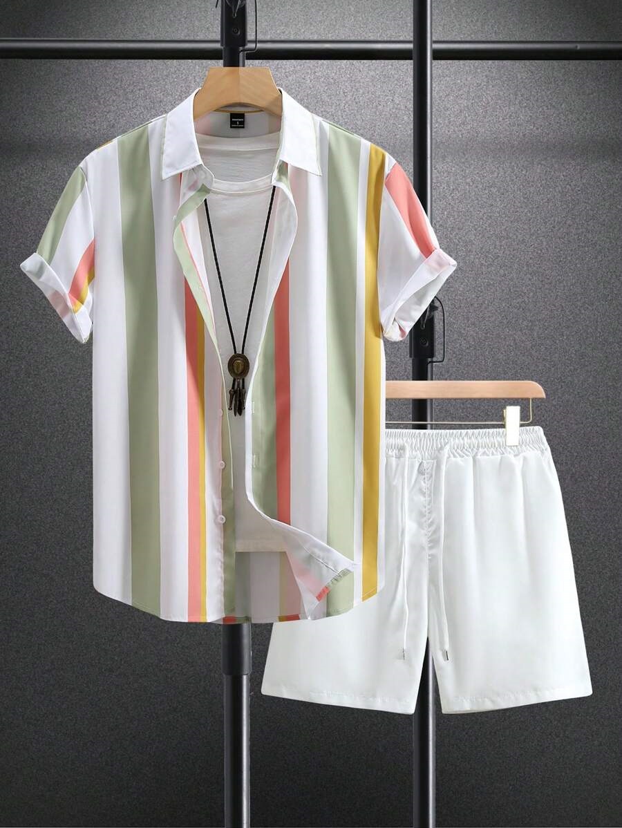 Mens 3D Digital-Print Shirt And Sports Suit Set