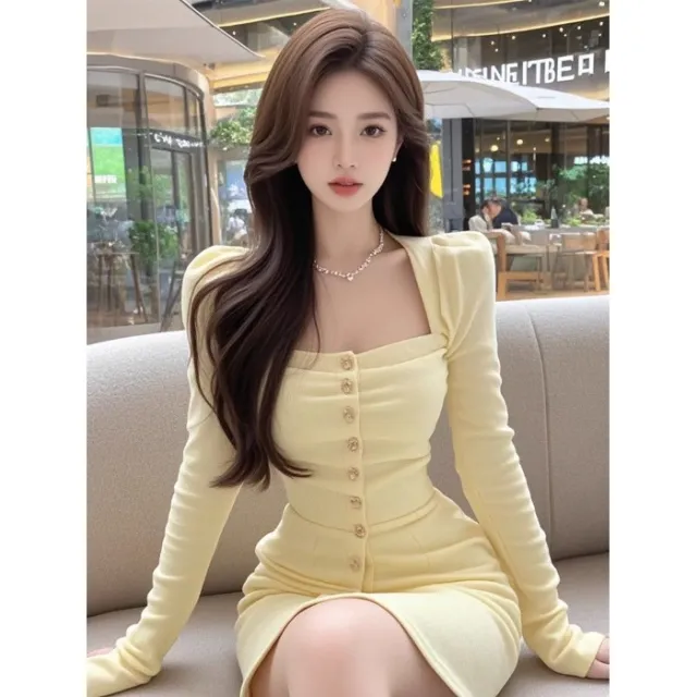 Temperament Lady Style Square Neck Single breasted Long Sleeve Dress Yellow - Shop at LoveMi