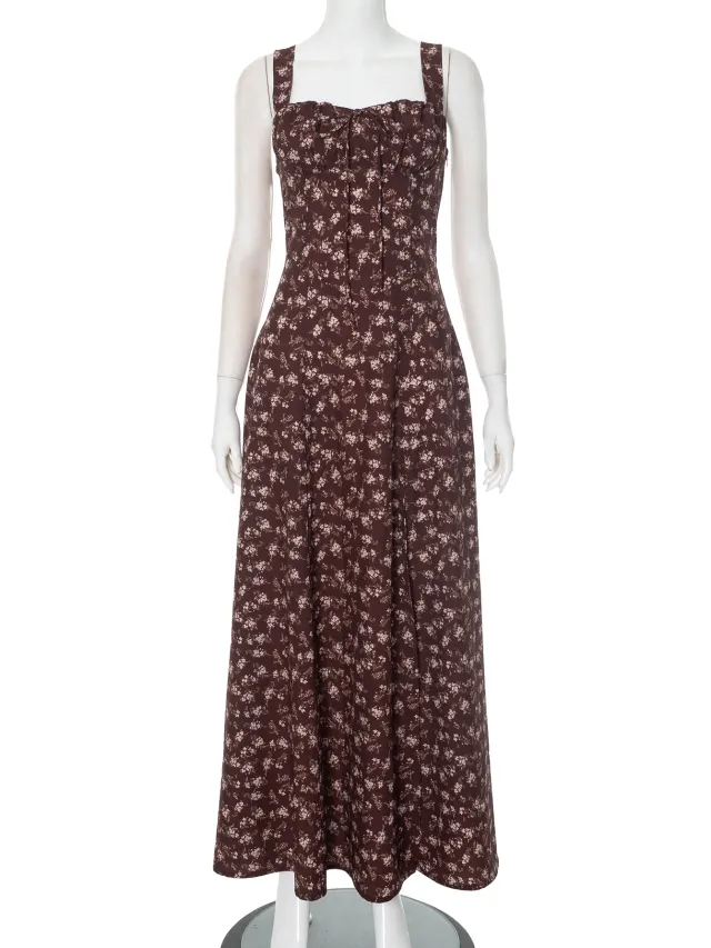 European And American Spring And Summer Floral Backless Slim Fit Sleeveless Split Dress Brown - Shop at LoveMi