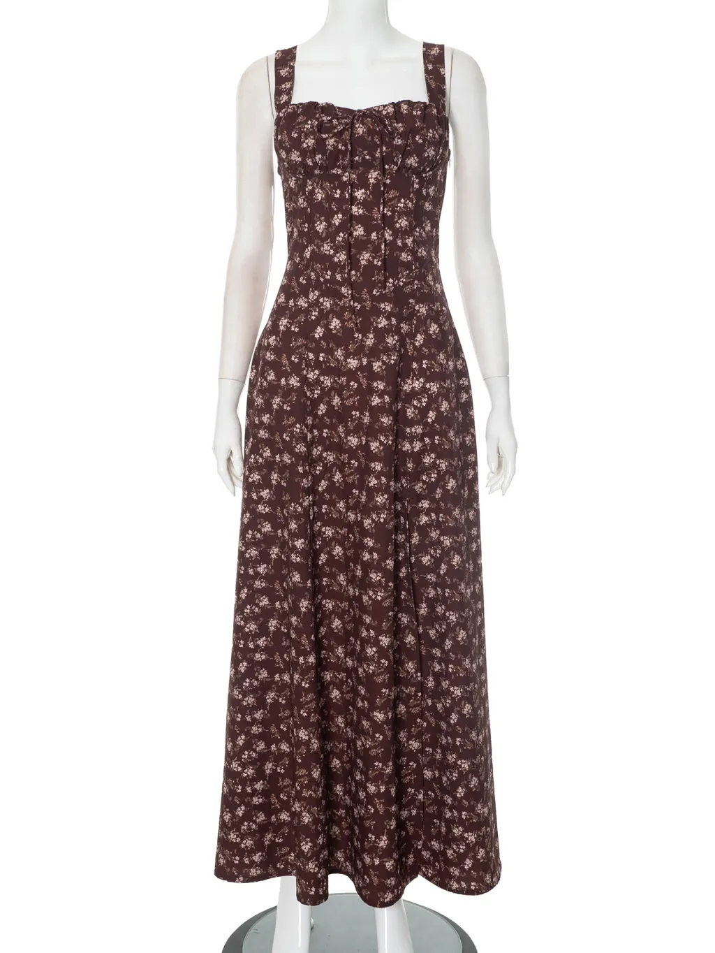 European And American Spring And Summer Floral Backless Slim Fit Sleeveless Split Dress - Brown