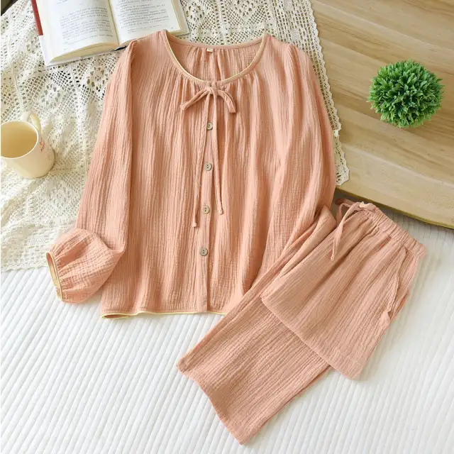 Women's Candy colored Crepe Corded Round Neck Pajamas Suit Orange Powder - Shop at LoveMi