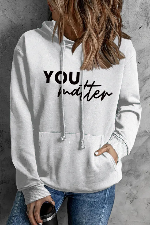 Front And Back Letters Women's Printed Wear Hooded Pocket Pullover Sports Long Sleeve White - Shop at LoveMi