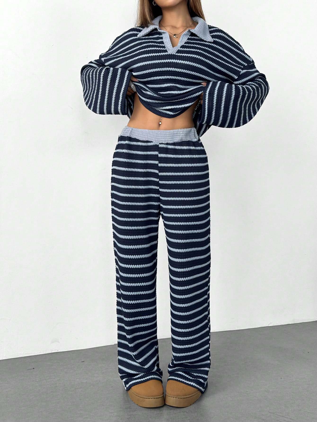 Striped Knitted Color-Block Long-Sleeve Top And Pants Casual Set — foto 3