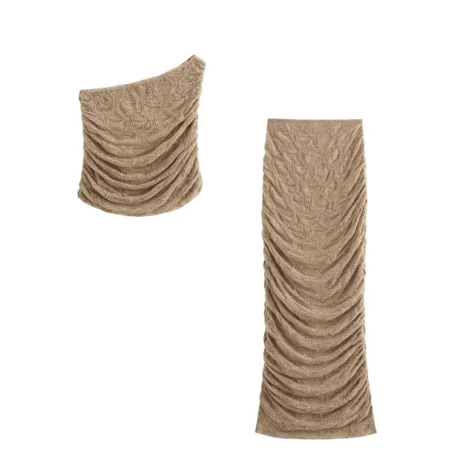 Sequined Lace Pleated Oblique Shoulder Tops Skirt Fashion Suit Suit M - Shop at LoveMi