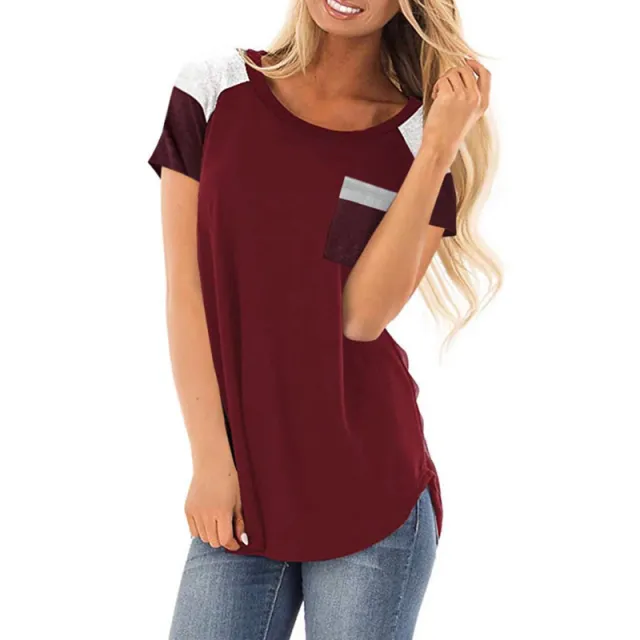 Spring Summer Stripes Pocket Stitching Loose Short sleeved Top For Women Red - Shop at LoveMi