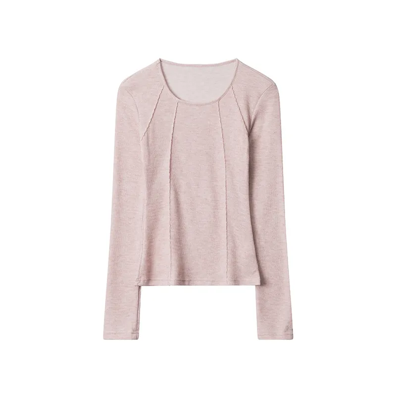 Simple Retro Alphabet Embroidered Slim Long Sleeve Top - Pink