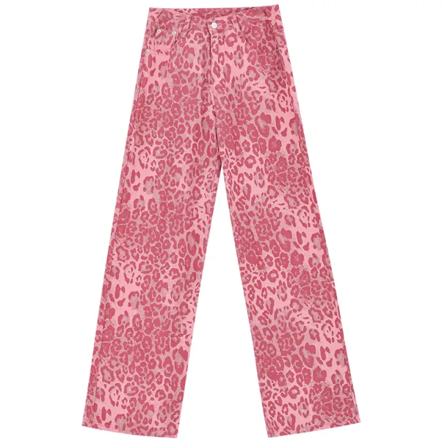 Leopard Jeans Women's Thin Straight Loose Trousers Pink - Shop at LoveMi