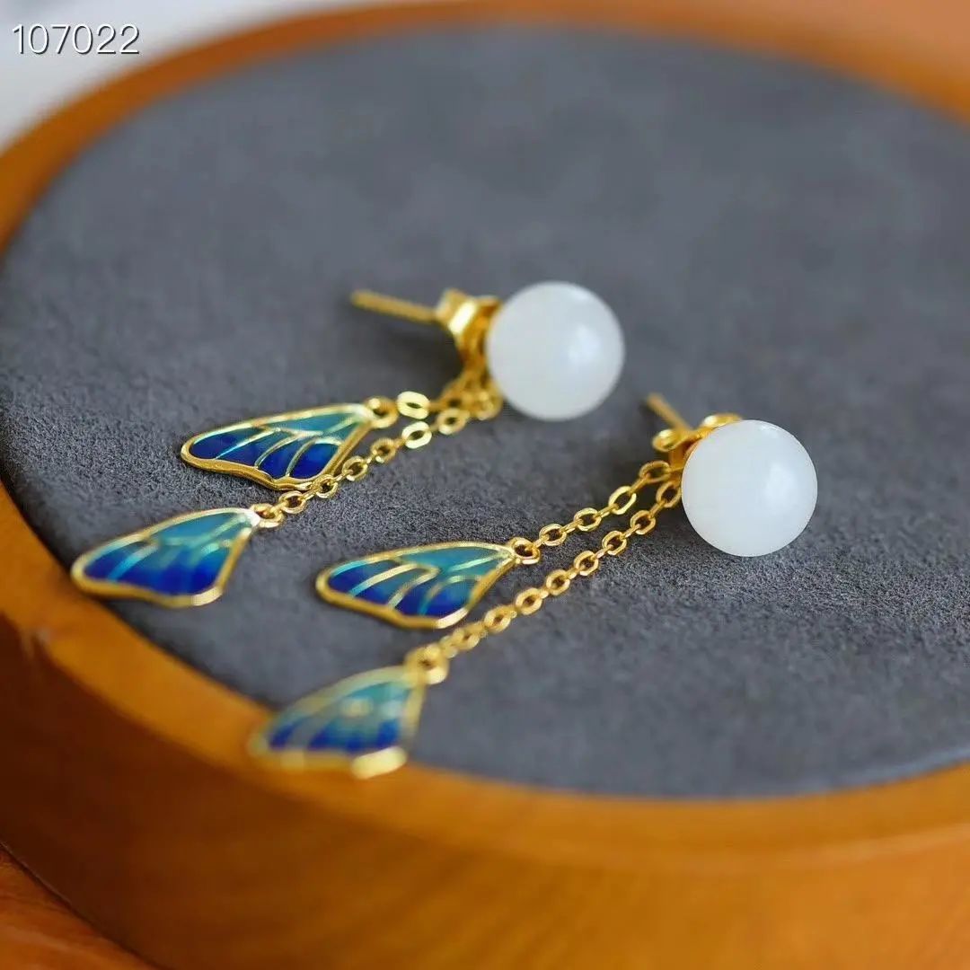 Natural Ear Studs Women's White Jade Antique Eardrops Long