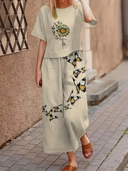 Casual Fashionable Loose-fitting Short-sleeve Crew-neck T-shirt And Pants Set