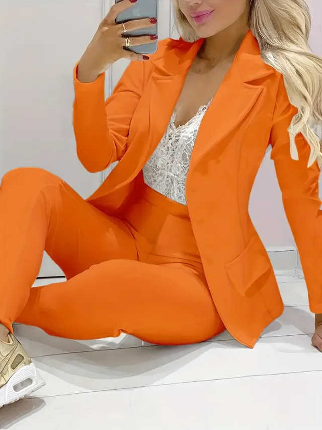 Solid Color Minimalist Long Sleeve Suit Top And Trousers Suit Orange - Shop at LoveMi