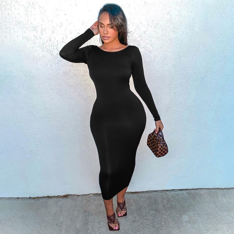 Backless Round Neck Long Sleeve Pure Color Tight Sheath Dress