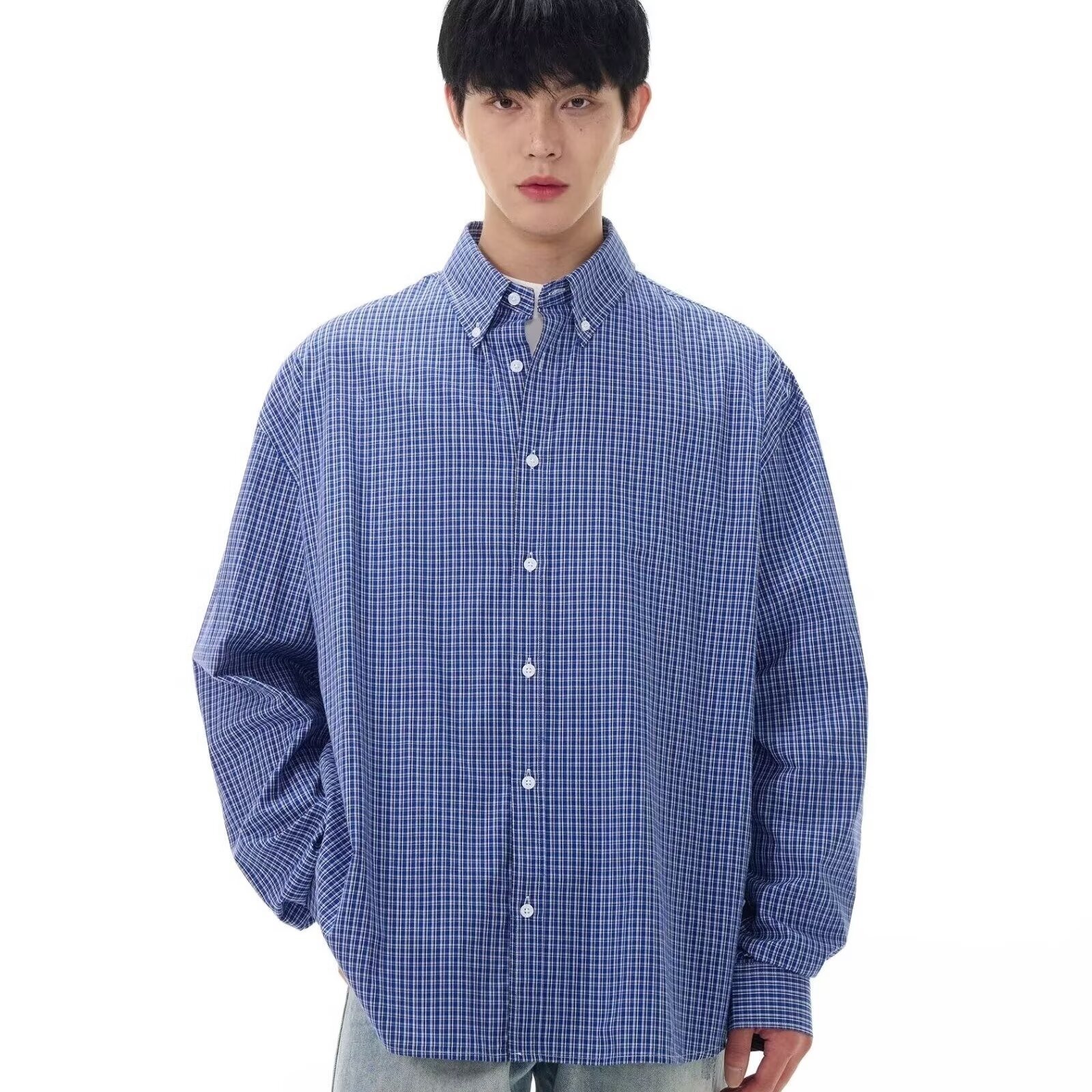 Mens Retro Classic Blue Plaid Shirt