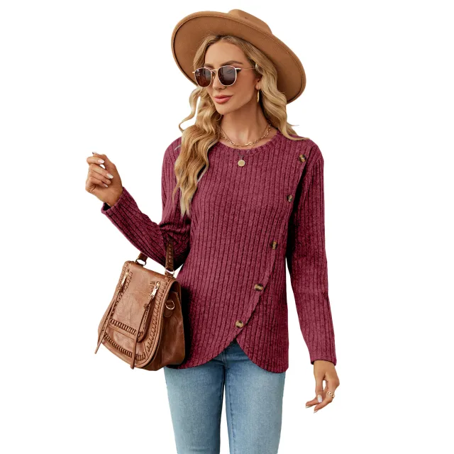 Women's Long sleeved Round Neck Tulip Hem Bottoming Shirt T shirt Red - Shop at LoveMi