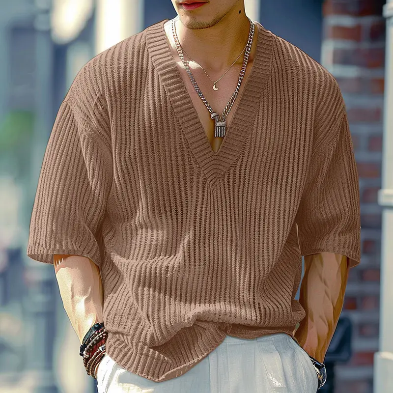 Mid-sleeved Ribbed Knitted Stretchy Loose-fit V-neck T-shirt