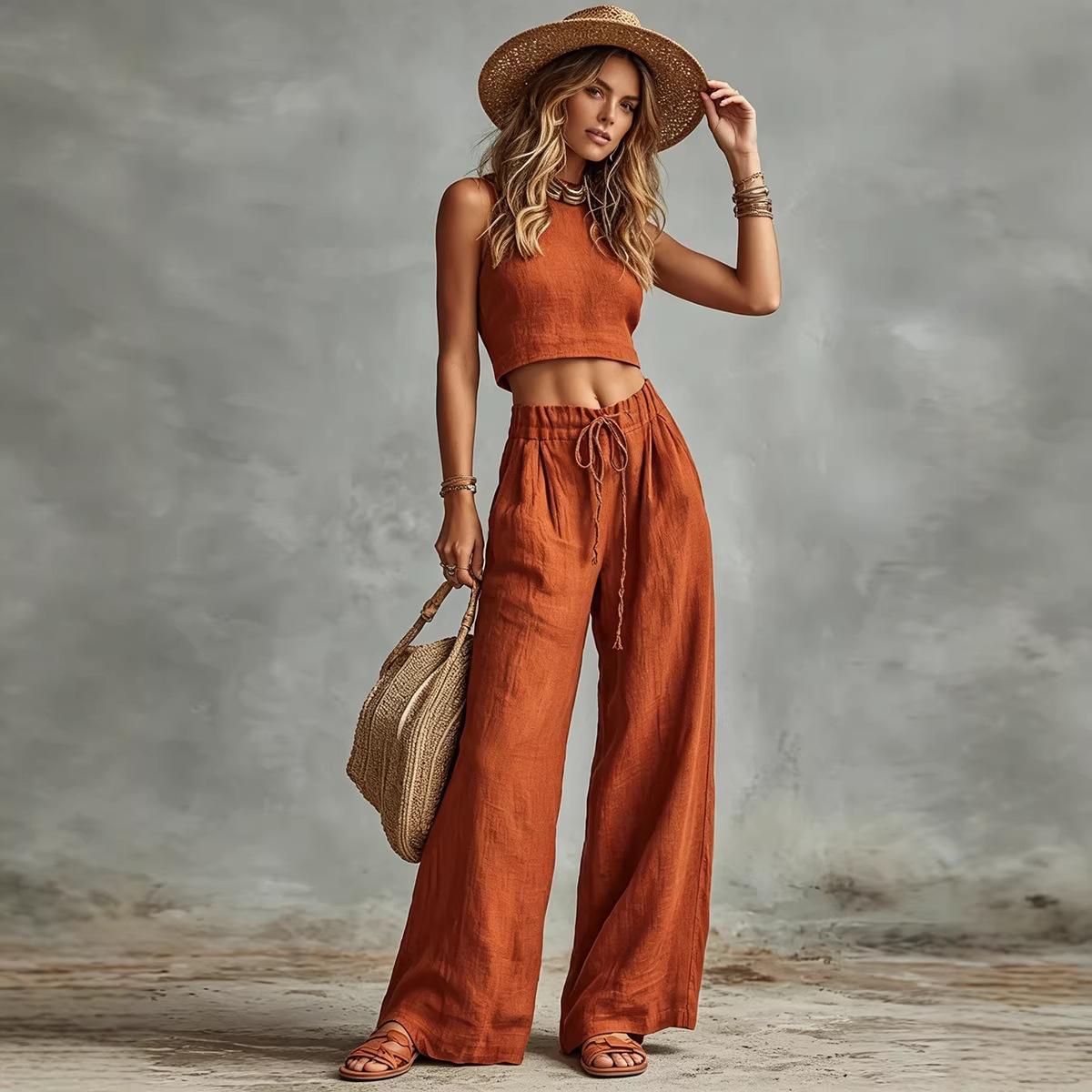 Vest Drawstring High-Waist Wide-Leg Pants Two-Piece Set