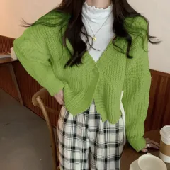 College Style Girls' Tops Loose Outer Wear Short Knitted Cardigan Sweater - Grass Green - View 1