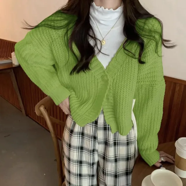 College Style Girls' Tops Loose Outer Wear Short Knitted Cardigan Sweater Green - Shop at LoveMi