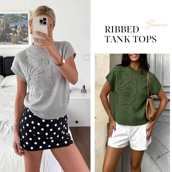 Jacquard Womens Knitted Short-Sleeve Flower Sweater | Soft Casual Top — view 6