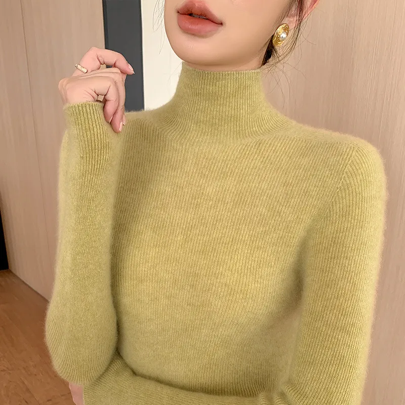 Women's Autumn And Winter Seamless Stand Collar Solid Color Turtleneck Sweater - Matcha Green