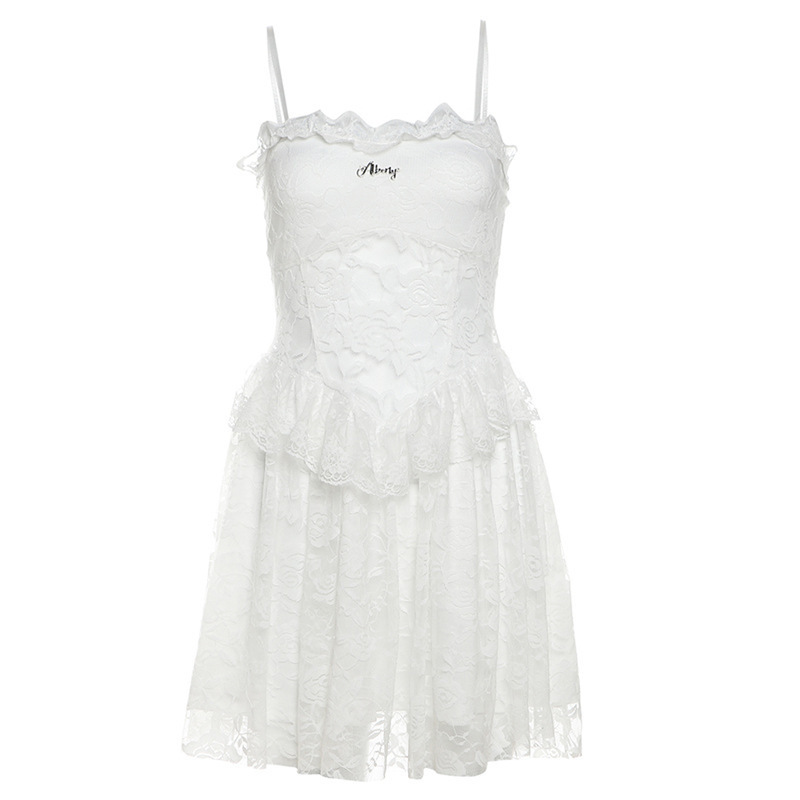 Spring New Women's Solid Color Sexy Lace Patchwork Slip Dress White - Shop at LoveMi