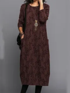 Printing Crew Neck Casual Temperament Long Sleeve Pocket Dress - Wine Red - View 1