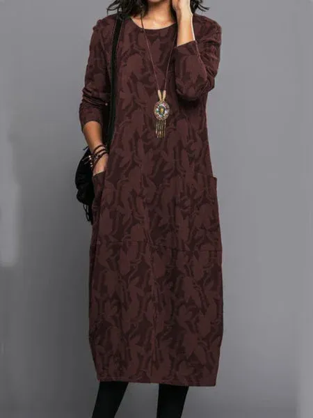 Printing Crew Neck Casual Temperament Long Sleeve Pocket Dress Wine Red - Shop at LoveMi