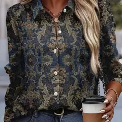 Women's Fashion Long Sleeve Lapel Loose Shirt - Navy Blue - View 1