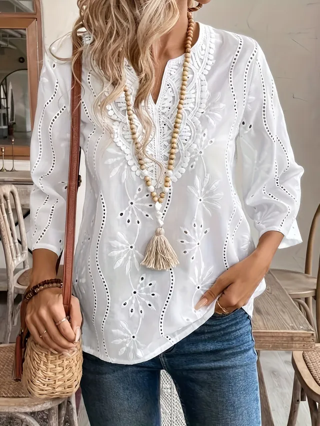 Loose V neck Temperament Commute Embroidered Bell Sleeve Lace Top White - Shop at LoveMi
