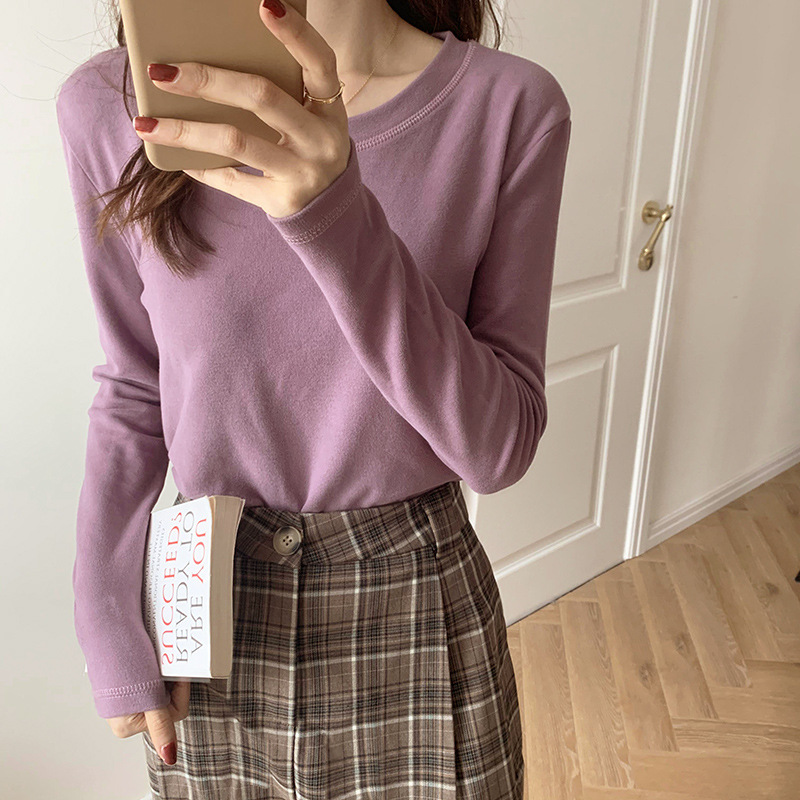 Women's Fashion Casual Bottoming Round Neck Long Sleeve T shirt Top Purple - Shop at LoveMi
