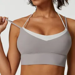 Color Matching Cross Beauty Back Exercise Underwear High Waist Yoga Trousers - Warm Gray Bra - View 1