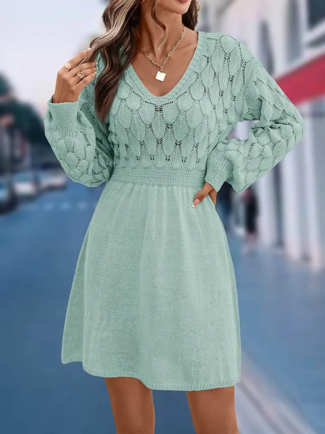 European And American V neck Beach Dress Long Sleeve Dress Blue - Shop at LoveMi