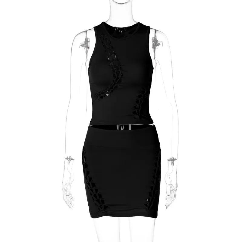 Fashion Solid Colour Round Neck Sleeveless Skirt - Black
