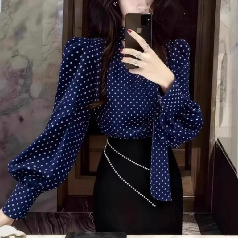 Ribbon-colored Polka-dot Shirt For Women