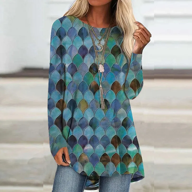 Wear Loose Long Sleeve Digital Printing T-shirt - Scale Pattern-L