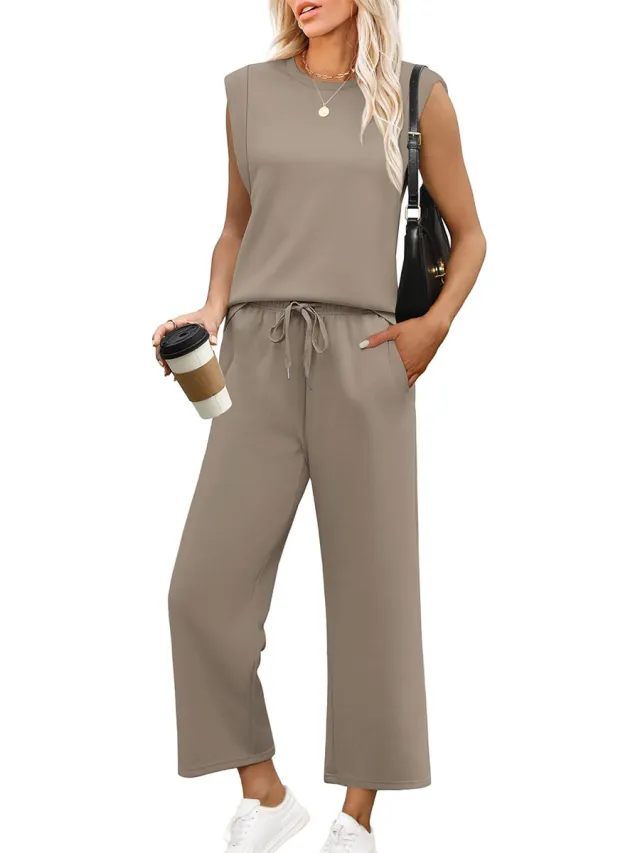 Loose Sleeveless Suit Round Neck Vest Top Two piece Pants Khaki - Shop at LoveMi