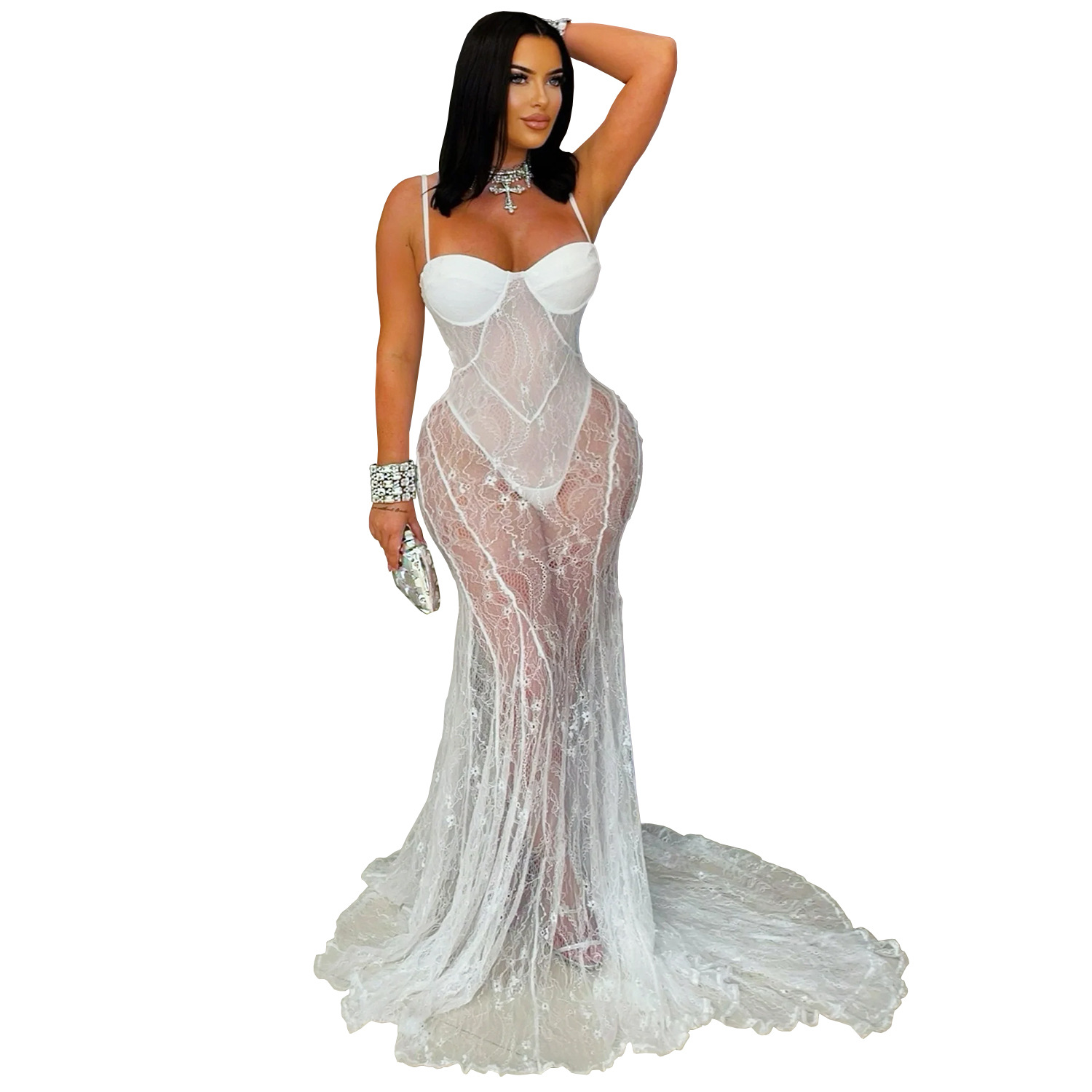 Fashion Women's Wear Sexy Sling Lace See through Dress White - Shop at LoveMi